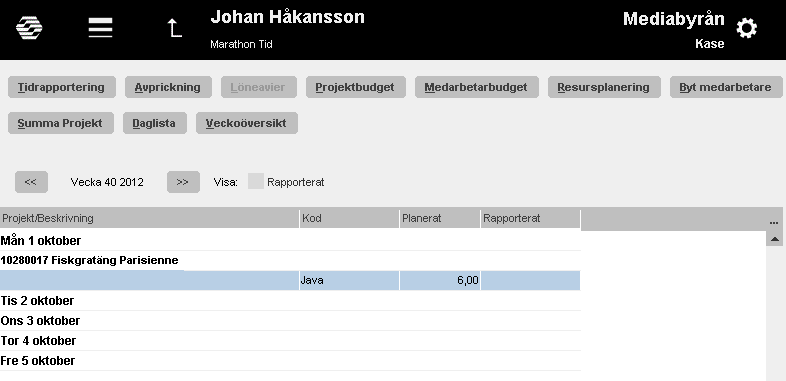 Medarbetarbudget I Medarbetarbudget visas budgeten som är inlagd av ekonomipersonal. Listan visar budgeterade timmar, utfall timmar och differensen mellan dem.