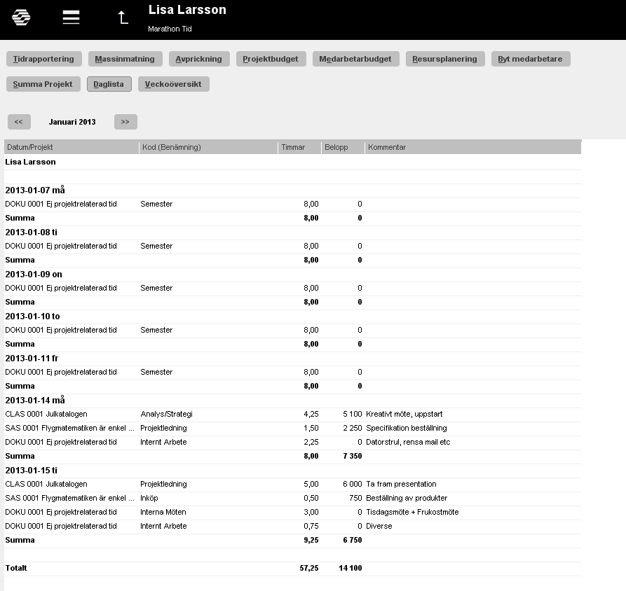 Daglista I Daglista visas den rapporterade tiden per dag för en viss månad.