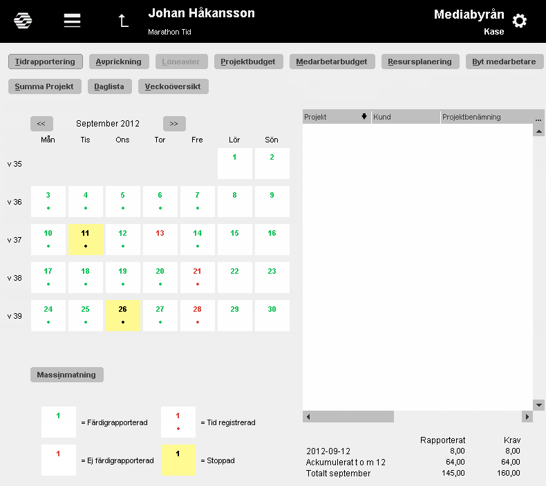 Marathon Tid I Marathon Tid skrivs tidrapporterna. Tidrapportering I Almanackan visas månadens kalender.