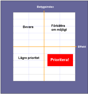 Södertälje kommun- SCB:s analysmodell med NKI För att förbättra NKI bör man främst prioritera faktorer som ligger långt ner till höger i matrisen (Prioritera), dvs.