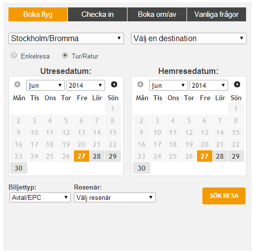 Välj destination och datum samt TILLFÄLLIG, RESENÄR i resenärslistan 1 2. Högst upp på sidan står det att du valt Välj vilken avgång som ska bokas. 2. Fyll i för- och efternamn på personen som ska resa.