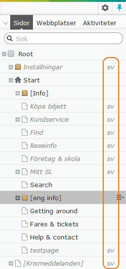 6 Engelska sidor 6.1 Redigera innehåll Man byter till det engelska innehållet genom att välja English under Webbplatser i vänstra menyn i EPi.