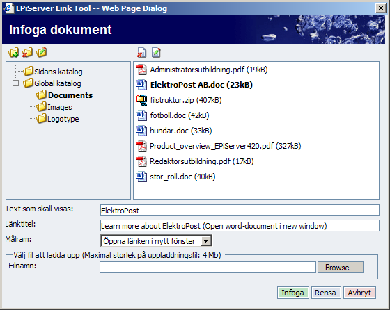 40 Redaktörshandbok EPiServer 4.30 Infoga dokument Det är ganska vanligt att länka till olika typer av dokument på en webbplats. Det kan handla om att länka till pdf-dokument, word-filer m.m. Att länka till dokument går till på ungefär samma sätt som att infoga bilder förutom att resultatet blir en länk.