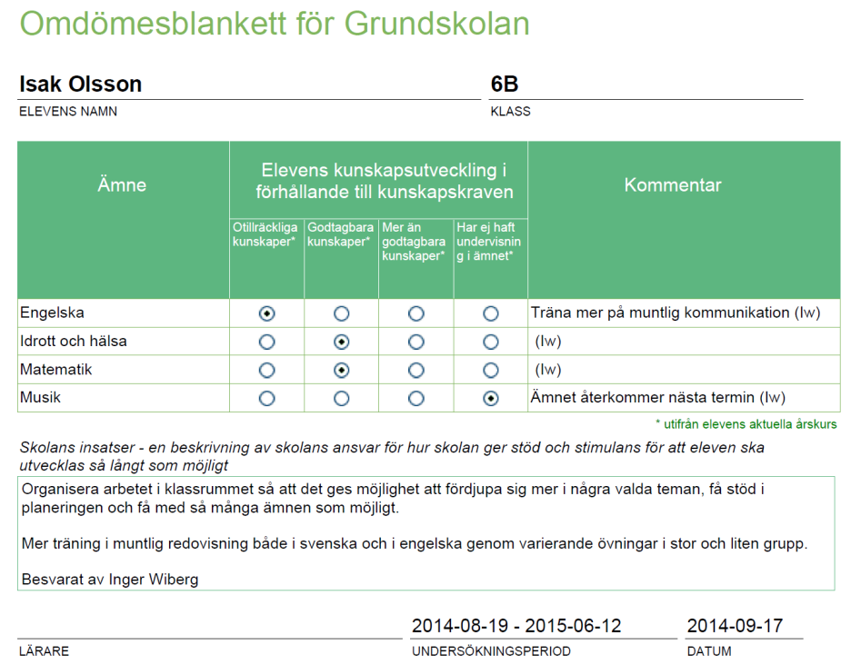 Omdöme Om skolan aktiverat funktionspaketet Omdöme för elever går det att ta del av och skriva ut omdömen. Omdömet är avgivet vid ett specifikt undersökningstillfälle av elevens undervisande lärare.