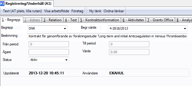 Öppna Agresso->Företag A1->Egen meny->avtalsreskontra ->Registering/Underhåll(A1) Flik 1-Begrepp: Begr. värde Fyll diarienummer, tryck enter.