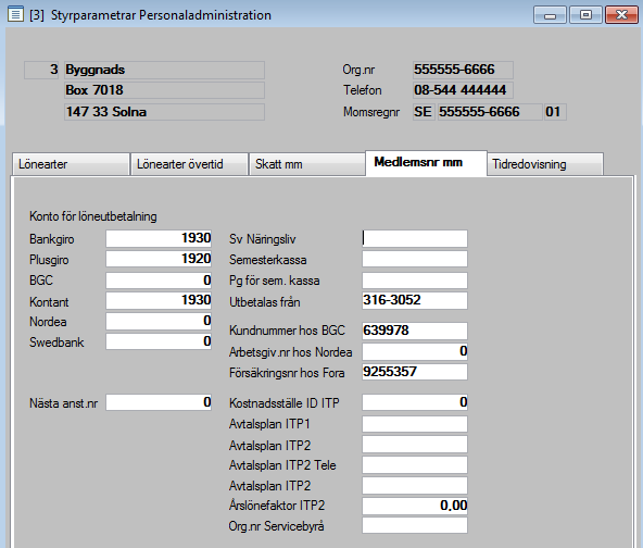 nvändarhandledning vser: Utbildningsdokument 9.00 54[86] Medlemsnr mm Konto för löneutbetalning. Olika bokföringskonto kan anges för de olika löneutbetalningssätten. Sv Näringsliv.