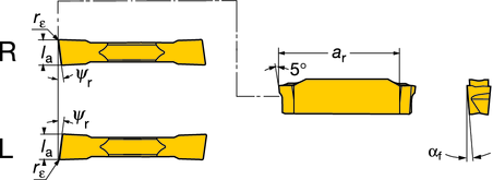 orout 1-2 eggar Avstickning orout 1-2-egg - Skär AVSTKNN O SPÅRSVARVNN Låg matning Toleranser, (tum): l a= ±0.02 (±.0008) r ε= ±0.05 (±.002) Urvalskriterier,, tum P M K N S l a l a r ε in.