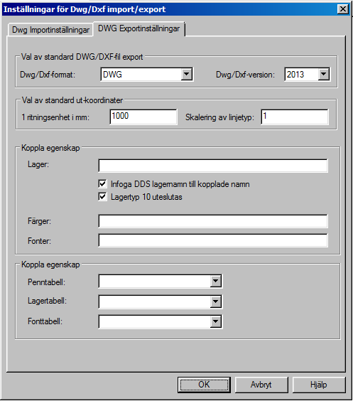 DWG-export All den data som syns i den grafiska ytan exporteras via rullgardinsmenyn Fil Inställningar för