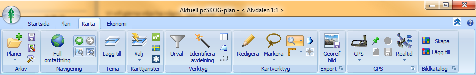 På menyerna finns knappar som aktiverar olika kartfunktioner, tex zoom- eller mätverktyget. Knapparna är grupperade för logisk åtkomst. T.ex. i redigeringsgruppen finns funktioner som låter dig redigera/ ändra kartan.
