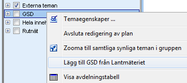 GSD Geografiska SverigeData. Är en samling shapefiler (vektordata) som tillsammans bygger upp en kartbild. Dessa filer kan samlas under gruppen GSD för bättre överblick.