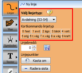 Här beskrivs hur redigering av linjer går till. Starta redigeringen på en plan. Redigeringspanelen öppnas. Välj huvudgruppen Linjer.