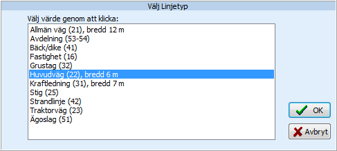 Linjen övergår nu till att vara en skiss, och du kan modifiera den på samma sätt som för en ny linje. Välj vilken ny linjetyp linjen ska ha. Välj också eventuell linjebredd. Klicka på Linje klar.