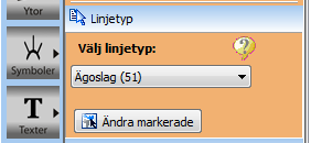 Om du vill byta linjetyp på flera linjer samtidigt behöver du först markera dessa. Klicka på Markera på panelen Kartverktyg.