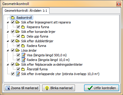 Geometrikontroll Kontrollerar och reparerar kartans linjer. Importera linjer Du kan importera från externa teman (shapefiler) till pcskogs linjelager.