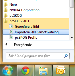 Du kan även köra konverteringsprogrammet fristående. Klicka på windows startknapp, välj pcskog 2011 och Importera 2009 arbetskatalog.