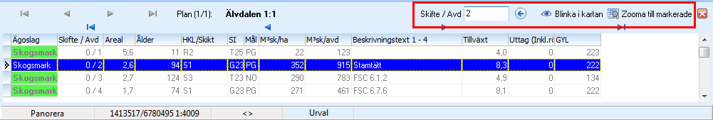 Med avdelningstabellen aktiv kan man markera ett eller flera (klicka med Ctrl nertryckt) avdelningar i tabellen och: - Zooma till markera/de avdelning/ar.