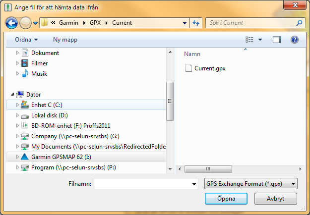 Garmin/Magellan GPX format GPX formatet är en standard och är filbaserat, vilket innebär att du själv behöver peka ut den