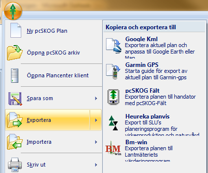 Exportera plan Du kan exportera din plan för att använda den i andra applikationer. Klicka på pcskog-knappen och ställ muspekaren på Exportera.