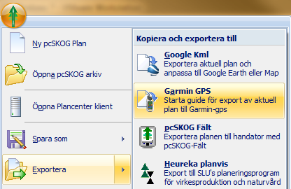 Med pcskogs export av plan till Garmin GPS, kan man föra över planen till en Garmin GPS. Filen som man skapar kan även öppnas i programmet Mapsource från Garmin, om man har det installerat.