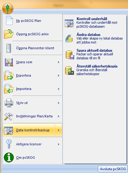Data kontroll/backup I pcskog finns det funktioner för att underhålla och säkerhetskopiera programmets databas.