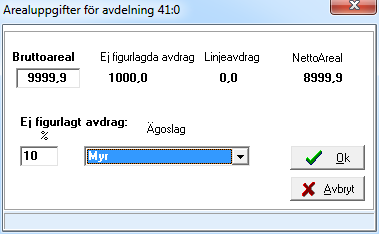 Areal ska alltid matas in (oavsett ägoslag). Maxvärde för bruttoareal är 9999,9. För alla underavdelningar matas den areal in, som respektive underavdelning utgör.