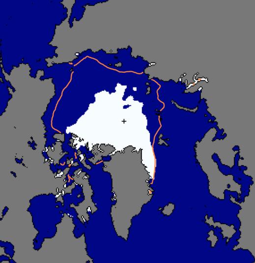 Vädret förändras 16 september: Arktis istäcke slog minimi-rekord med 3,4 miljoner km 2. Källa: nsidc.