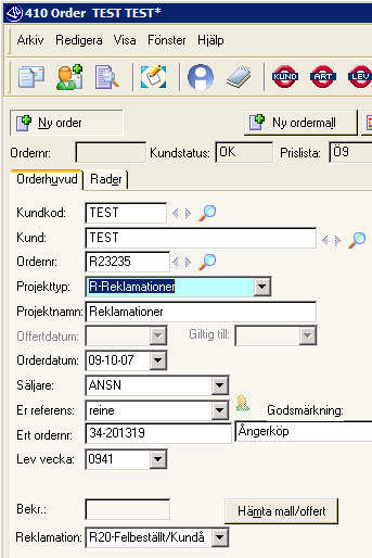 Manual för R-order Scenario R1 (Standard beskrivning för Retursedel) Kunden ångrar sig och vill bli krediterad Skapa en ny Returorder i rutin 410 och välj Projekttyp till R-Reklamationer (R2 är en