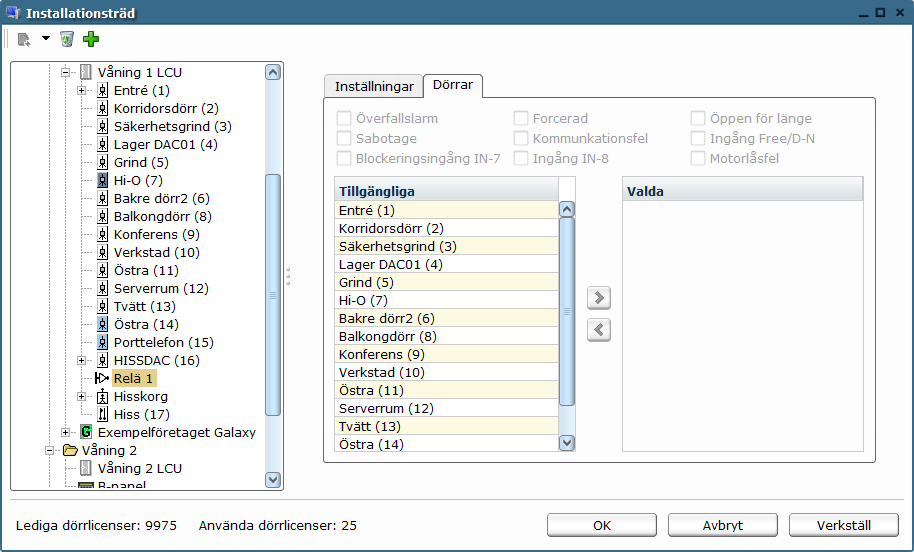 Installationsträdet med relä markerat och fliken Inställningar aktiv Under fliken Inställningar väljer man Adress, Funktion och eventuell också Schema samt Pulstid för reläet.