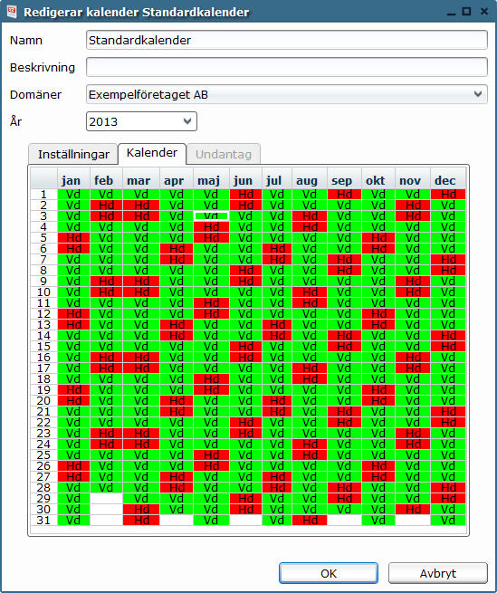 Ändra en kalender Nedan beskrivs hur man ändrar en befintlig kalender.