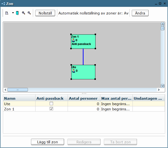 Fönstret Redigera Zon Fliken Inställningar Zon (tillval) Under fliken Inställningar Zon finns tillvalsfunktionen Antipassback.