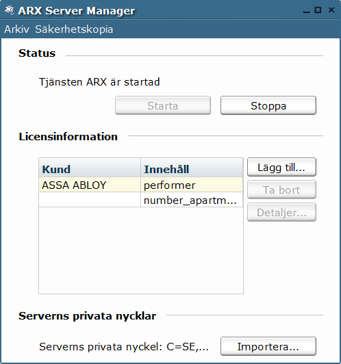 ARX Server Manager Om ARX Server Manager Innan ARX klientprogram kan köras måste ARX Server Manager konfigureras. I ARX Server Manager kan du även styra några av de parametrar som krävs för ARX.