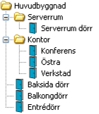 Ett kontor med ett antal passerområden definierade. Med funktionen Passerområden bygger man upp den logiska strukturen på sin installation med hjälp av områden och dörrar.