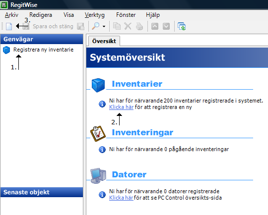 9 Inventariekortet 9 Inventariekortet 9.1 Öppna inventariekortet Du kan öppna inventariekortet nästan överallt i programmet men vi visar utifrån Översiktssidan. Visa > Översiktssida.