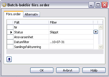 Fakturering När det ska göras en massfakturering av reservdelsorder utan samlingsfakturor ska du göra följande: Under Försäljning och marknadsföring Orderbearbetning Samlingsfaktura Order klickar du