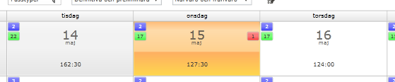 Veckointervall i grundschema I grundschema kan man välja vilket intervall som ska visas - dag, vecka, två veckor, etc.. Vid datumen ser man nu också vilken vecka posten tillhör, t.ex.