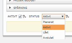 Projektstatus Projektlistan visar nu projektens status, som ett filtrerbart fält. Det går ändra ett enskilt projekts status direkt från projektet, från t.ex. Aktivt till Avslutat.