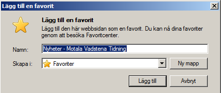 Man får då upp en ny ruta där man bekräftar att man vill lägga till den valda sidan till favoriter.