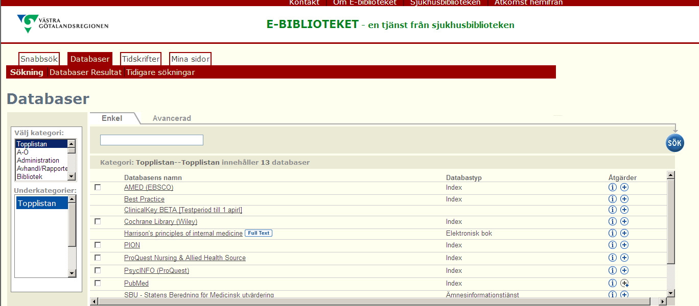 Mina databaser Under Mina Databaser kan du spara dina favoritdatabaser och skapa grupper av dessa som även fungerar