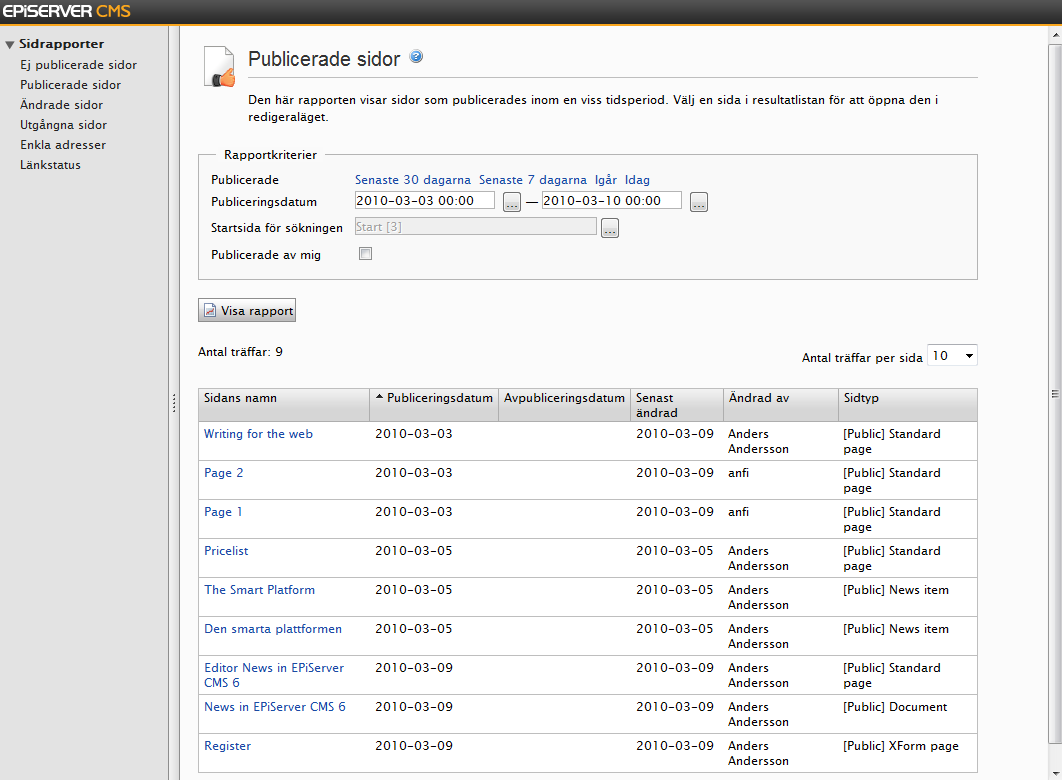 136 Redaktörshandboken för EPiServer CMS 6.0 Rev A Ändrade sidor I den här rapporten visas sidor som har ett ändrat datum inom en viss tidsperiod. Skapa en rapport för ändrade sidor: 1.