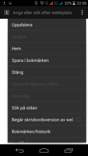 Genom att klicka på meny knappen kan du uppdatera, spara, stänga, dela sidan, här finner du också inställningar för webläsaren. 3.