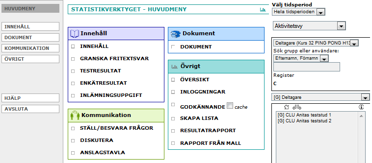 6.3 Statistikverktyget I PING PONG kan du som lärare ta fram olika typer av statistik och sammanställningar. Det gör du via Verktygslådan och Statistikverktyget. 6.3.1 Avdelningar Följande avdelningar hittar du i Statistikverktyget: 6.