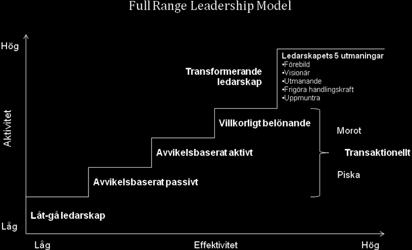 utmaningar (Söderfjell, 2007). FRLM beskriver ett spektra av ledarskapsbeteenden som går från ett passivt, låt-gå ledarskap, till ett aktivt så kallat transformerande ledarskap.