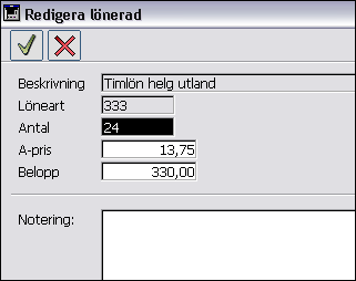 inställningarna. Om du vill ändra beskrivningen kan du göra det under Lönearter i inställningarna. För varje lönepost visas antal, á-pris och belopp.