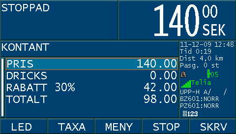 KONTOKORT Konto- och kreditkort hanteras via EMV-terminal. När EMV-terminal finns monterad skickas taxameterbeloppet över med knappen <EMV> i STOP/Betalmenyn.