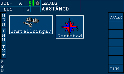 Visningsläge Text Här visas information från MegTax systemet och trafikledningsinformation. Visningsläge APP För att starta ett hjälpprogram så väljs det från ikonmenyn med pekskärmen.