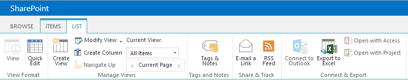 En stor del av funktionaliteten, såsom att editera sidor och applikationer i SharePoint sköts via gränssnittet Ribbon [16].