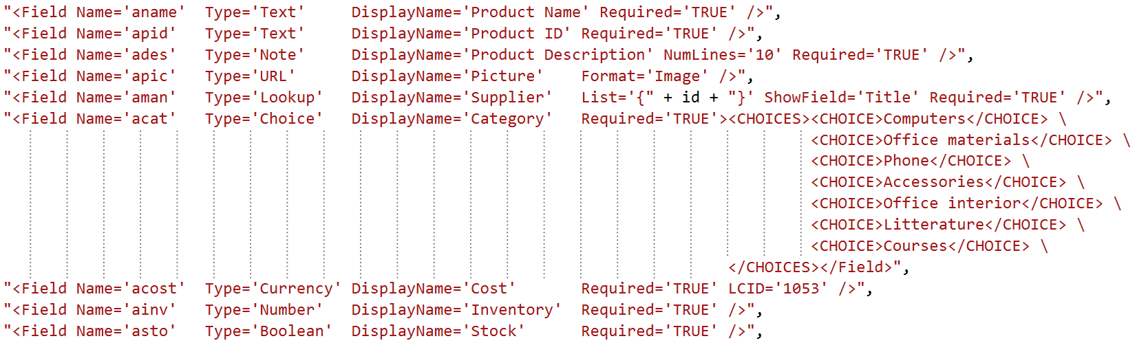 användas och vart listan ska skapas. För att lägga till fält i listan använder vi oss sedan av xml[31].