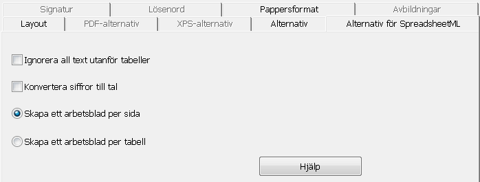 Avsnitt 9: Spara dokument ALTERNATIV FÖR SPREADSHEETML När du väljer Microsoft Excel 2002, 2003, 2007, 2010 (SpreadsheetML) som utformat finns det specifika SpreadsheetML-alternativ tillgängliga.