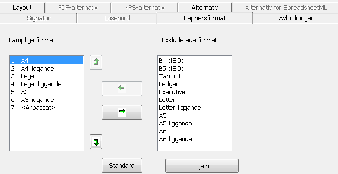 Avsnitt 9: Spara dokument PAPPERSFORMAT Alternativen för Pappersformat ger dig möjlighet att definiera i vilket format (t.ex. A4, Letter, Legal) utformatsdokumenten ska genereras.