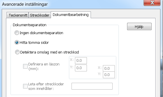 Readiris TM 14 - Användarhandbok Öppna dokumentets separationsalternativ: Klicka på Readiris-knappen och sedan på Avancerade inställingar. Klicka på fliken Dokumentbearbetning.